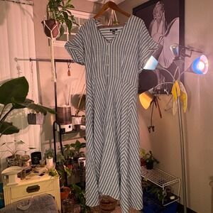 CHAPS Blue White Striped Cotton Midi Dress Short Sleeve V Neck Casual Summer L